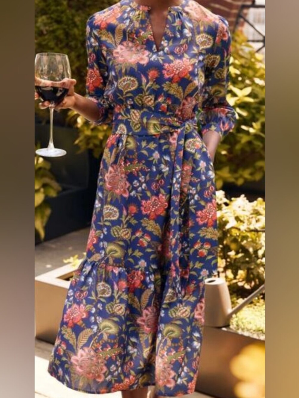 J. McLaughlin Cerina Navy Floral Baroque Bloom Tie-Waist  Midi Dress Pockets L